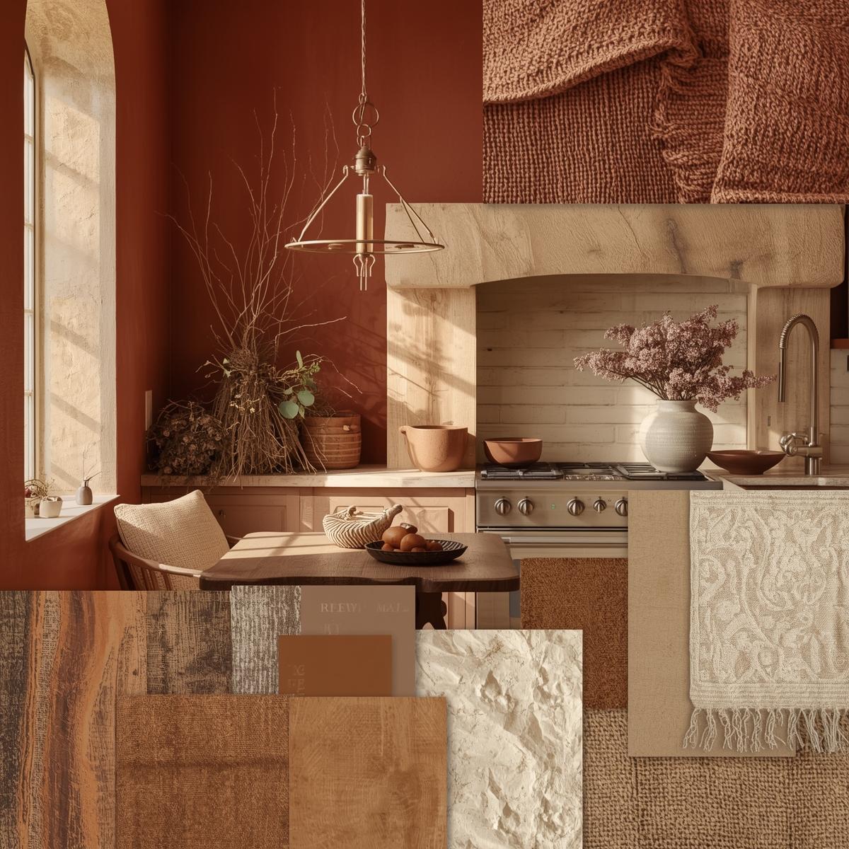 Varm stemningstavle til køkken med jordtoner