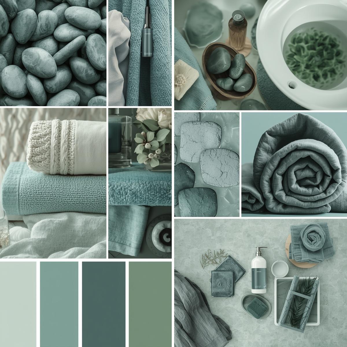 Spa-lignende stemningstavle til badeværelse med blå-grønne toner