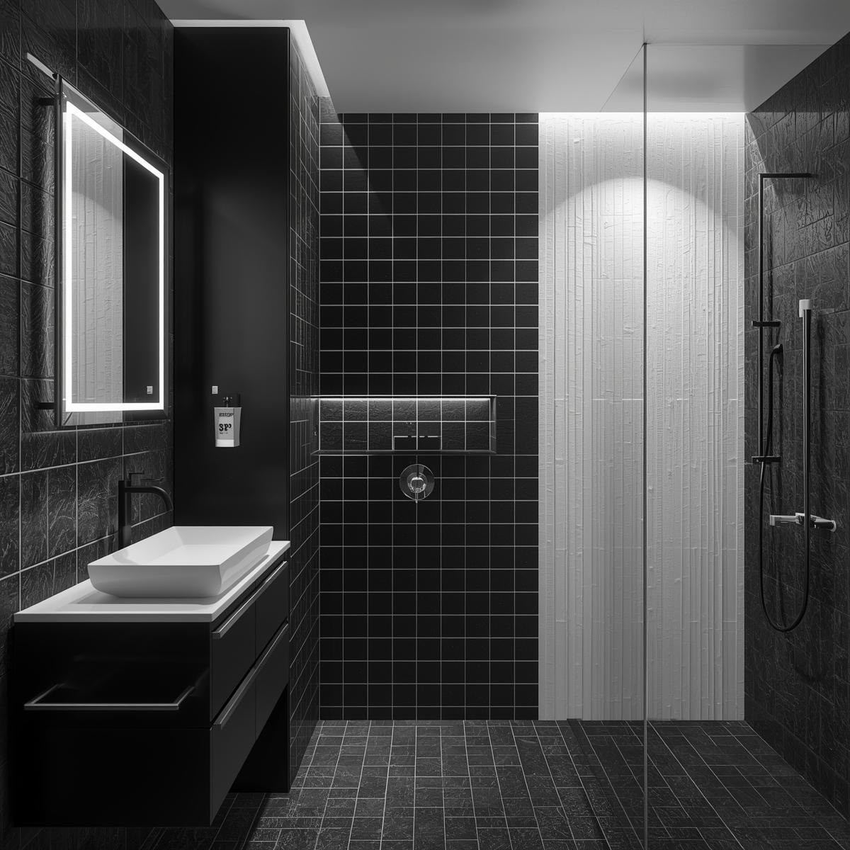 Moderne stemningstavle til badeværelse med sort-hvide kontraster