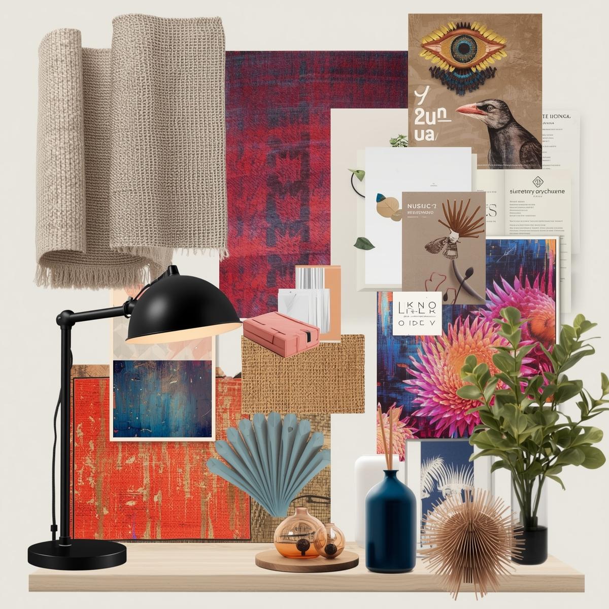 Kreativ stemningstavle til hjemmekontor med farverige accenter