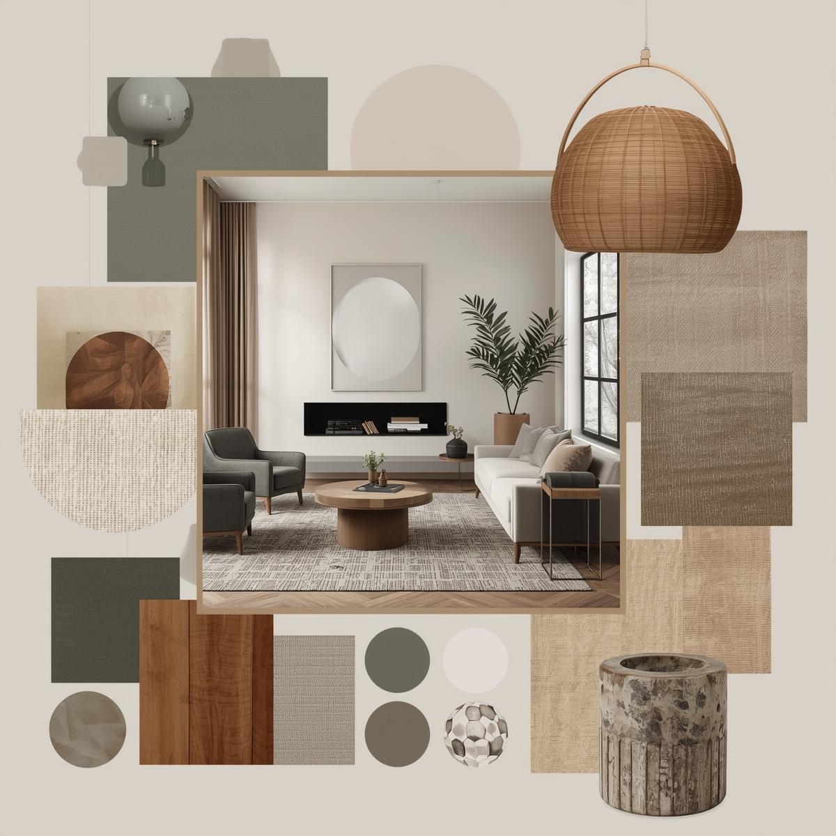 Rolig stemningstavle til stue med naturlige toner