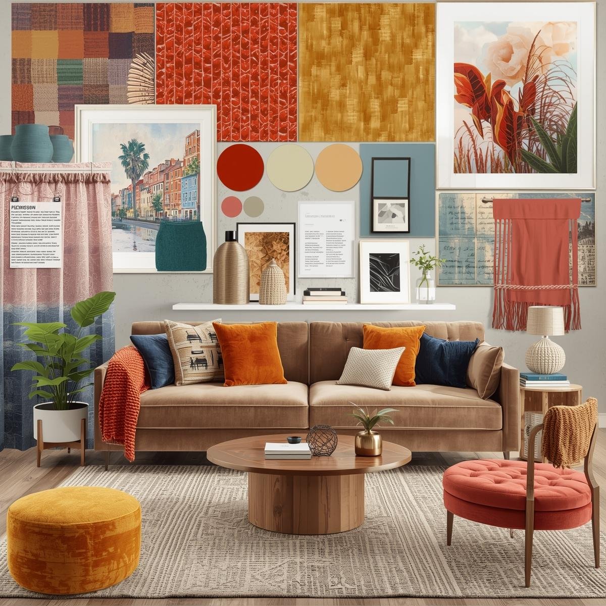 Levende stemningstavle til stue med farverige accenter